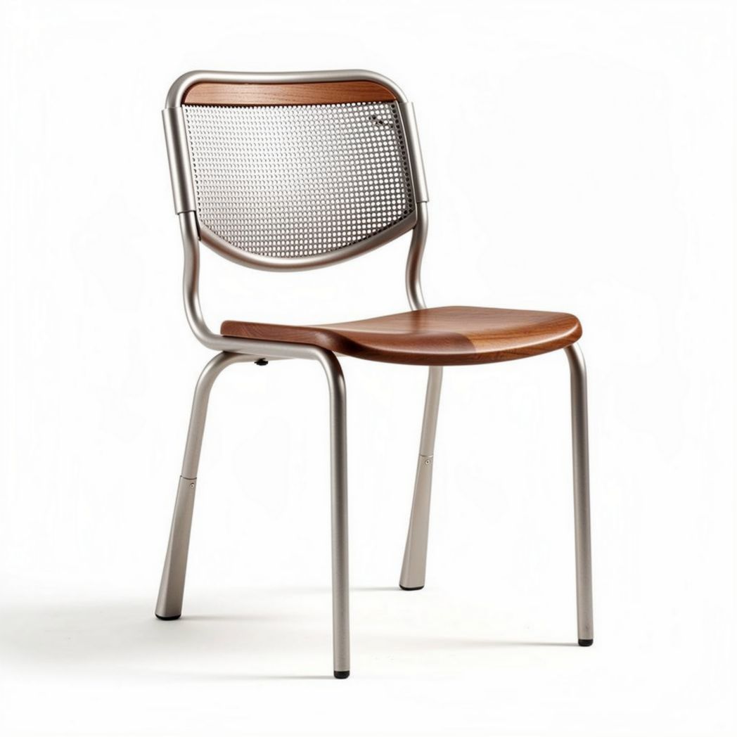 Metal frame chair with wooden seat and backrest for dining or office use