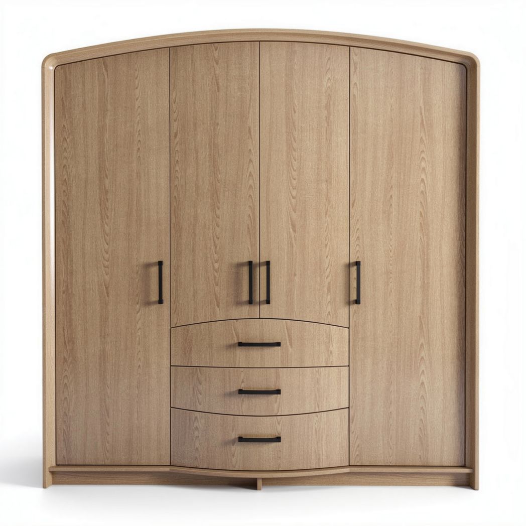 Wooden wardrobe with four doors and three drawers in light oak finish