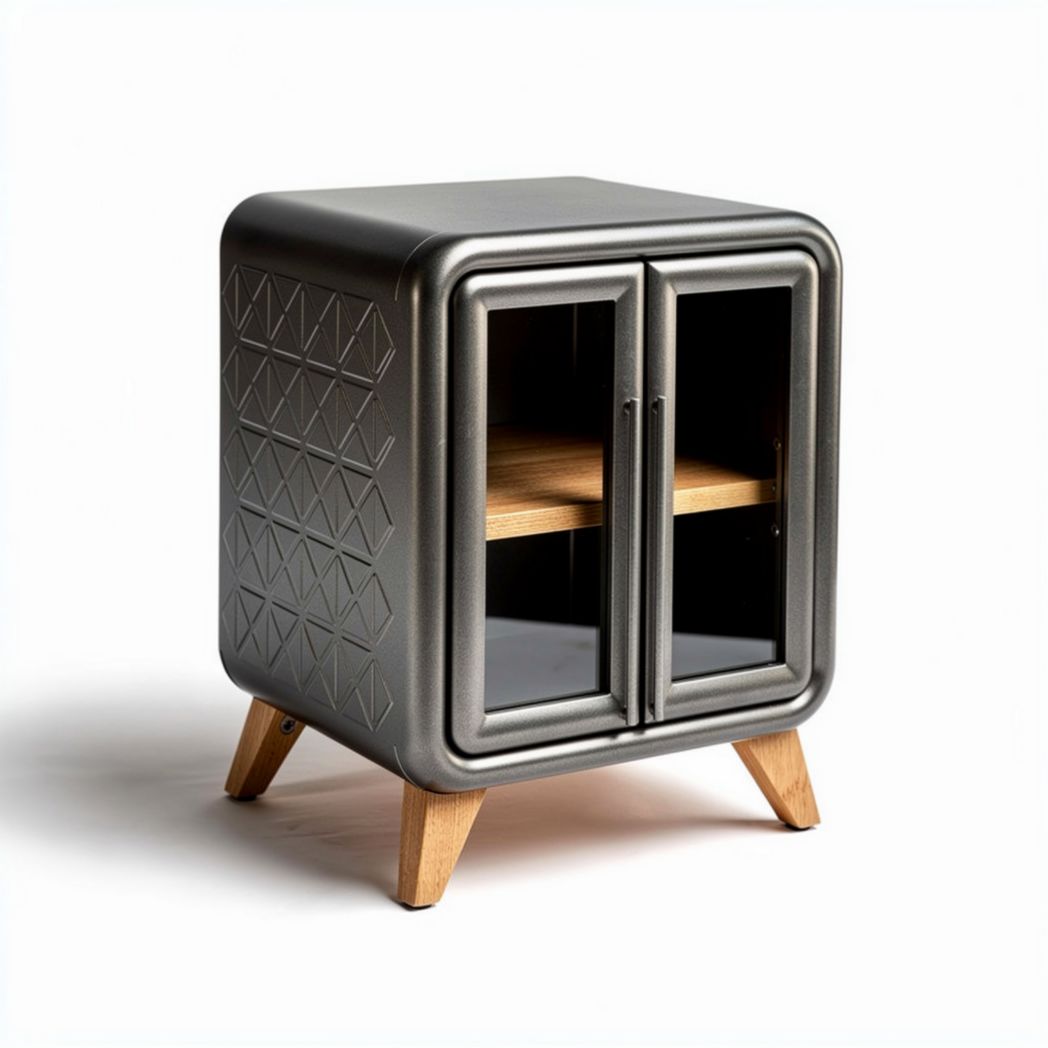 Metal storage cabinet with glass doors and wooden legs 40 x 40 x 60cm