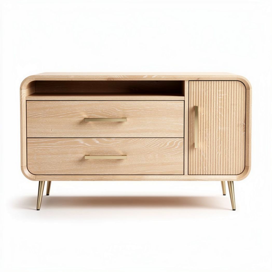 Wooden mid-century modern TV stand with two drawers and open shelf 90 x 40 x 50cm