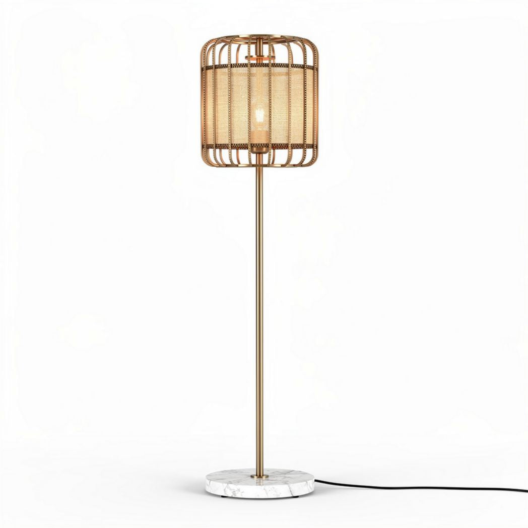Iron and marble floor lamp with cage shade for living room use 30 x 30 x 150cm