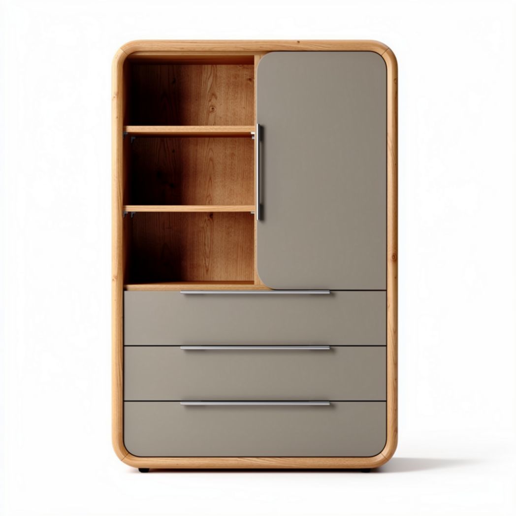 Modern wooden storage cabinet with grey finish featuring three drawers and two shelves