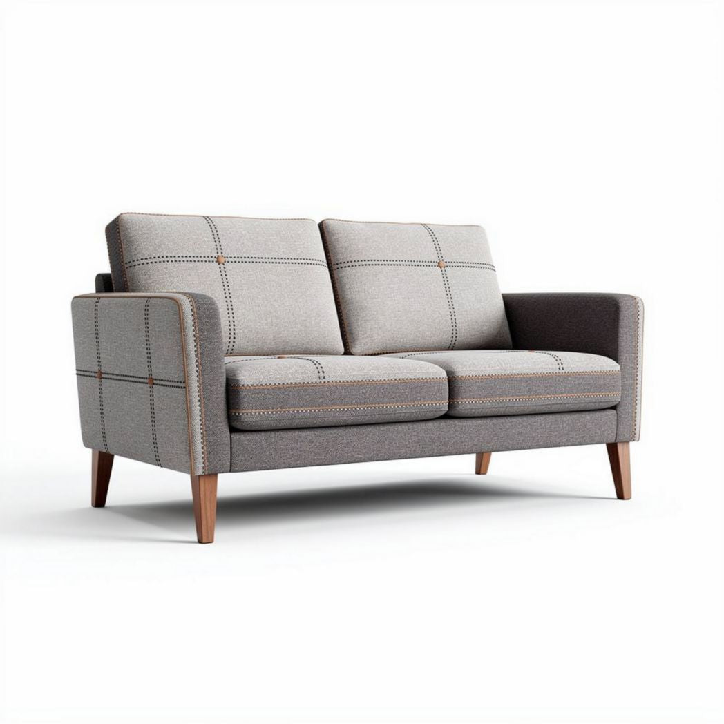 Mid-century modern two-seater sofa in grey fabric with wooden legs