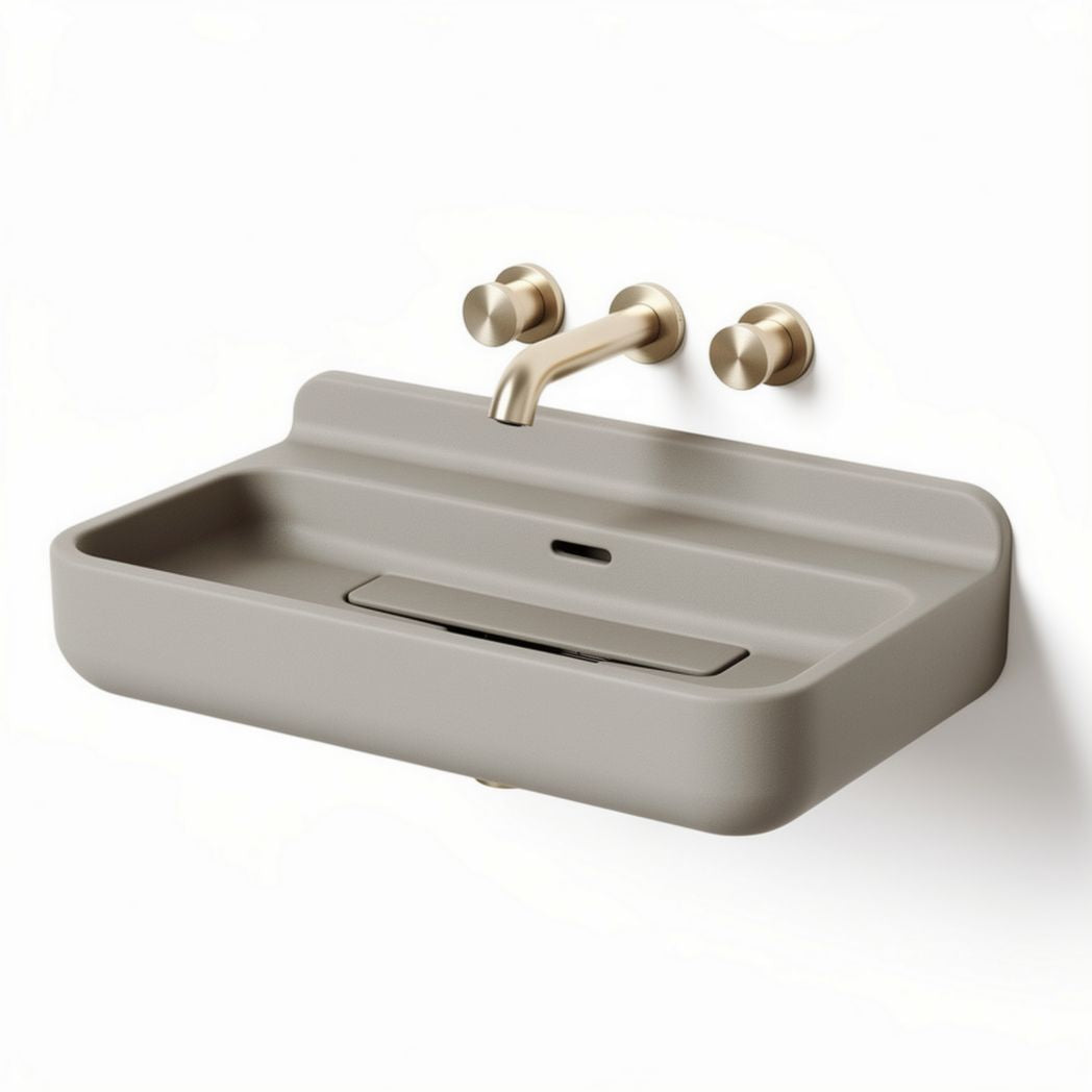Wall-mounted sink with integrated soap dispenser in taupe color 70 x 40 x 15cm