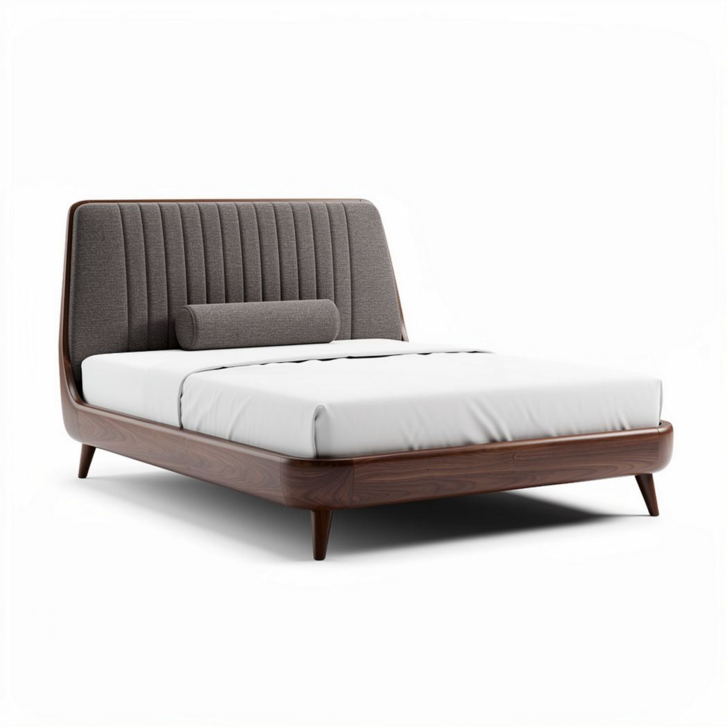 Modern upholstered bed frame with walnut finish and decorative headboard 200 x 160 x 90cm