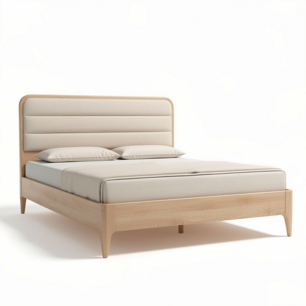 Wooden platform bed frame with upholstered headboard in beige 202 x 162 x 90cm