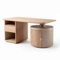 Wooden desk with storage drawers and round cabinet in natural finish 120 x 60 x 75cm