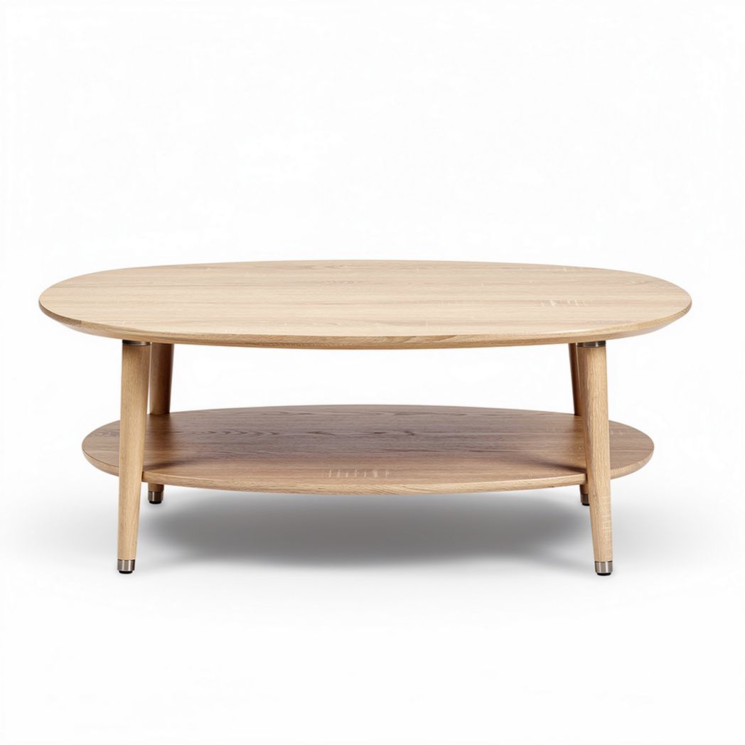 Oval wooden coffee table with lower shelf 100 x 60 x 45cm natural finish