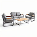 Outdoor patio furniture set with gray cushions and wooden accents 200 x 90 x 70cm