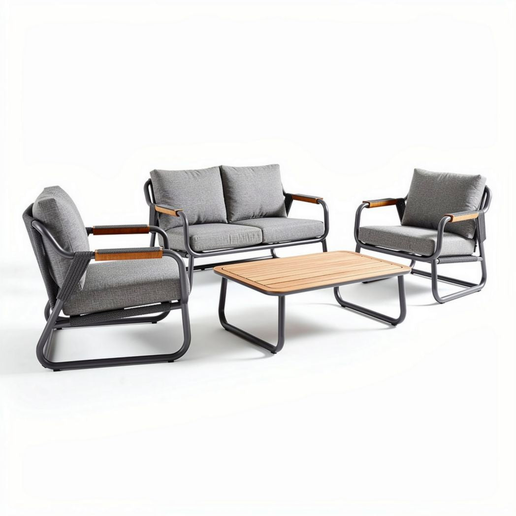 Outdoor patio furniture set with gray cushions and wooden accents 200 x 90 x 70cm